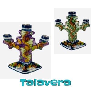 Talavera Colorful Painted Ceramic Candelabra - Made in Mexico - Mixed Print